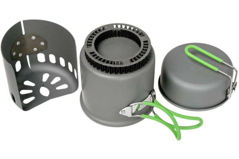 Optimus Electra FE portable camping gas stove with heat exchanger and non-stick pot for outdoor cooking.