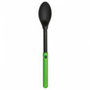 Lightweight extendable camping spoon with green handle and black titanium alloy bowl for hiking and backpacking use.