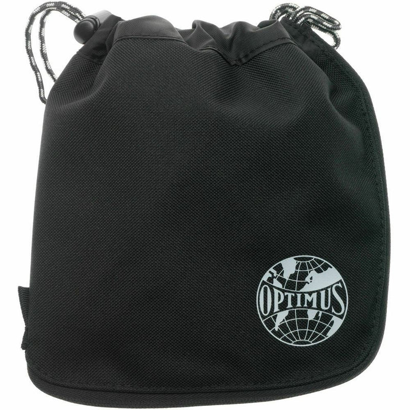 Black drawstring carrying pouch with Optimus logo for compact outdoor stove storage and transport.