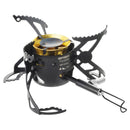 Optimus Polaris black camping stove with foldable legs, single nozzle, and adjustable fuel control for outdoor cooking.