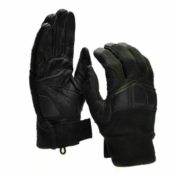 Black Austrian Army tactical gloves with reinforced leather palms and knuckles for combat and heavy-duty protection.