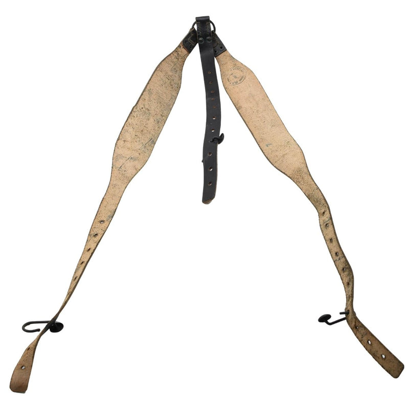 Original Austrian military leather suspender Y - strap adjustable black vintage - GoMilitar