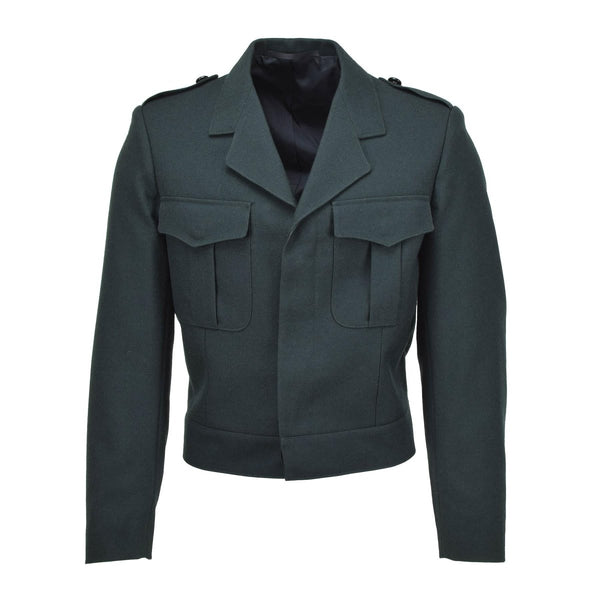 Original Belgian army green wool blouse jacket with buttoned pockets and high waistline, military surplus style.