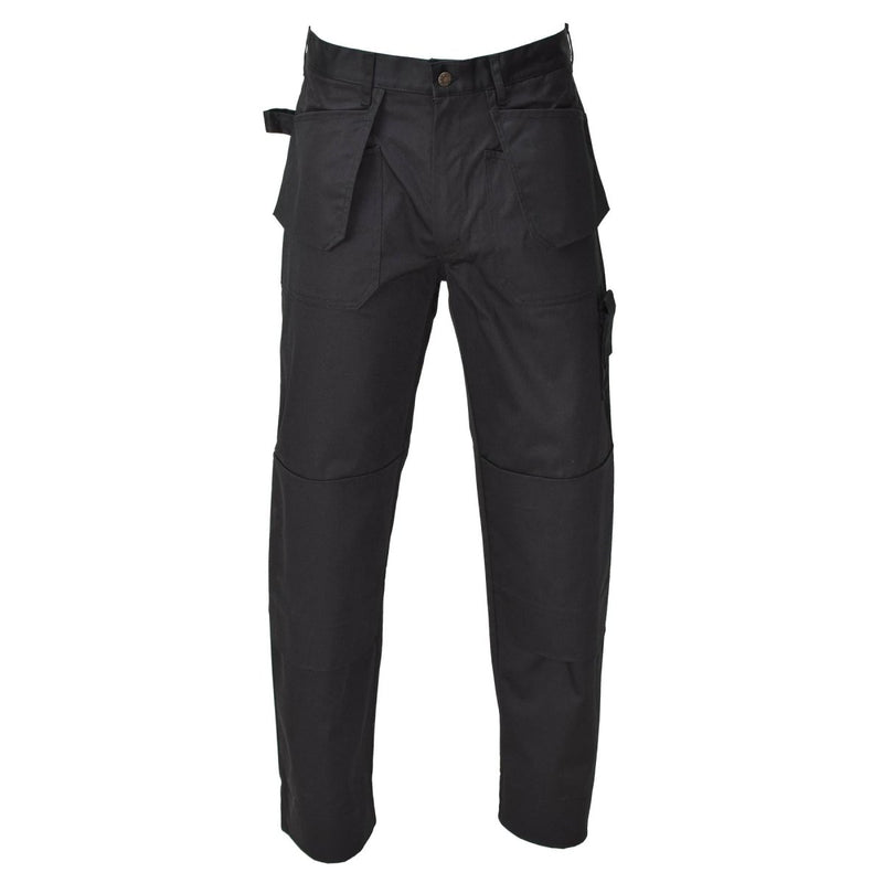 Black Belgian military work cargo pants with reinforced knees and multiple pockets for durability and functionality