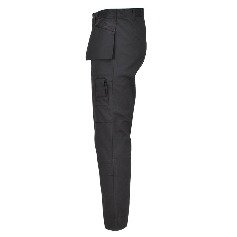 Black Belgian military cargo pants with reinforced knees and multiple pockets, designed for durability and comfort.