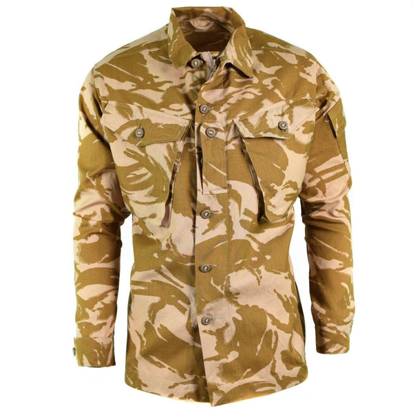British army desert camo combat jacket, fire resistant, lightweight, durable Kermel blend with multiple pockets and adjustable cuffs.
