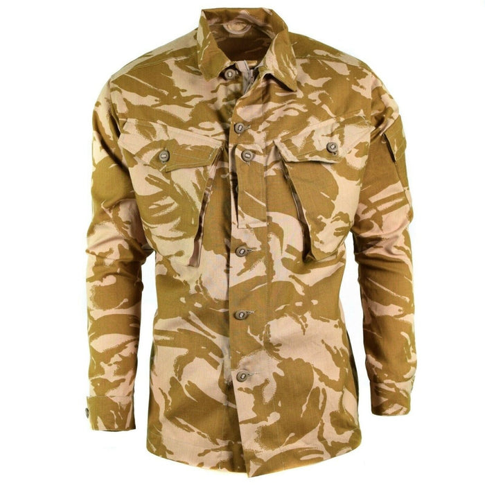 Original British army desert camo flame resistant combat jacket with buttoned cuffs and chest pockets for outdoor use