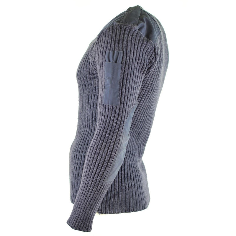 Side view of blue grey British Army Commando wool jumper with reinforced elbow and shoulder patches