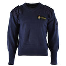 Original British Defence Service blue V-neck wool commando jumper with reinforced shoulders and patch pocket.