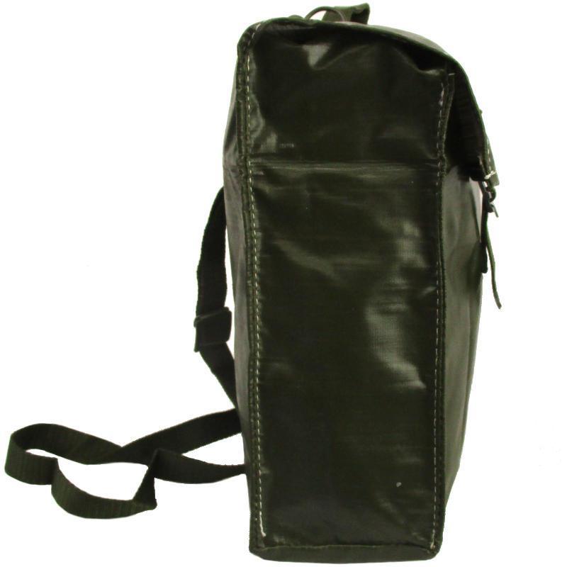 Original Czech army M85 olive drab vinyl military bread bag with adjustable shoulder strap and secure flap closure