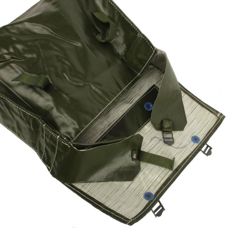 Original Czech army M85 olive drab vinyl military bread bag with shoulder strap and secure buckle closure, water-resistant design.