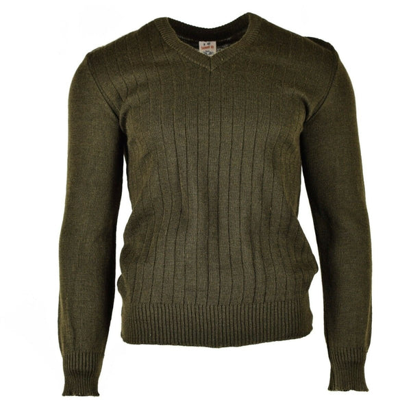 Original Czech army M85 V-neck sweater in brown wool-blend, durable, warm, and stylish for outdoor and casual wear.