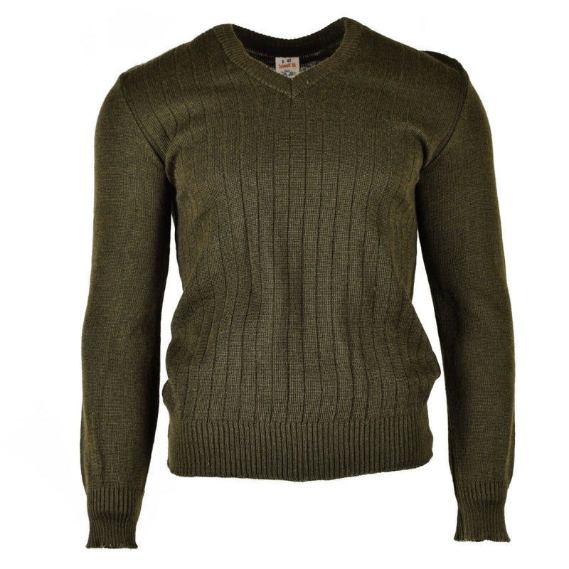 Original Czech army M85 V-neck sweater in brown wool-blend, durable, warm, and stylish for outdoor and casual wear.