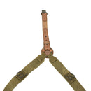 Original Czech Army Y-Strap canvas and leather military suspenders harness in olive green with durable metal buckles