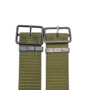 Two olive green original Czech military canvas belts with metal buckles displayed side by side on white background