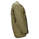 Side view of olive green original Czech military quilted liner jacket with thermal insulation and button fastening