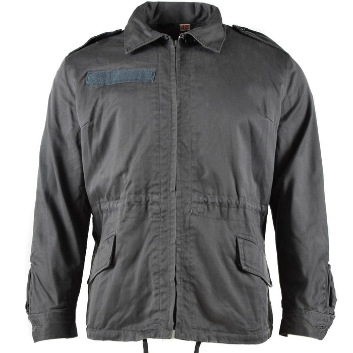 Original Danish M71 short cut military jacket in grey, durable vintage field surplus design with front pockets and zipper closure.