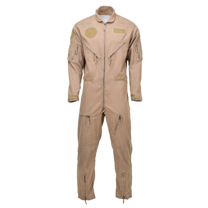 Original Dutch Army Air Forces khaki aramid flight suit coverall with multiple pockets and adjustable cuffs for comfort