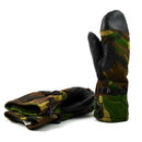 Original Dutch army DPM woodland camo mittens with leather grip, designed for warmth and durability in outdoor use.