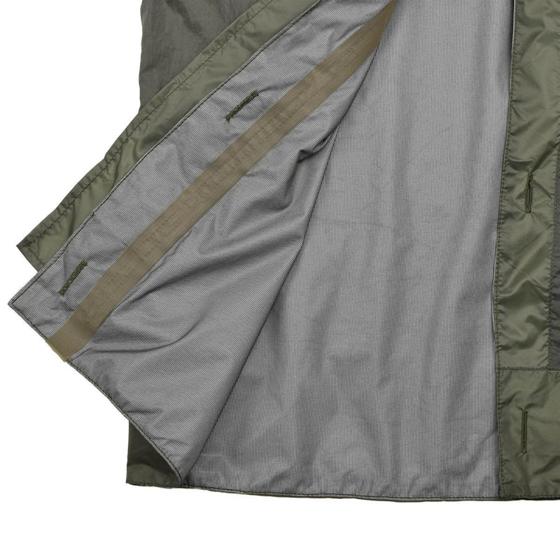 Inside view of Original Dutch army M65 waterproof military parka showing durable thermal lining and seam sealing tape