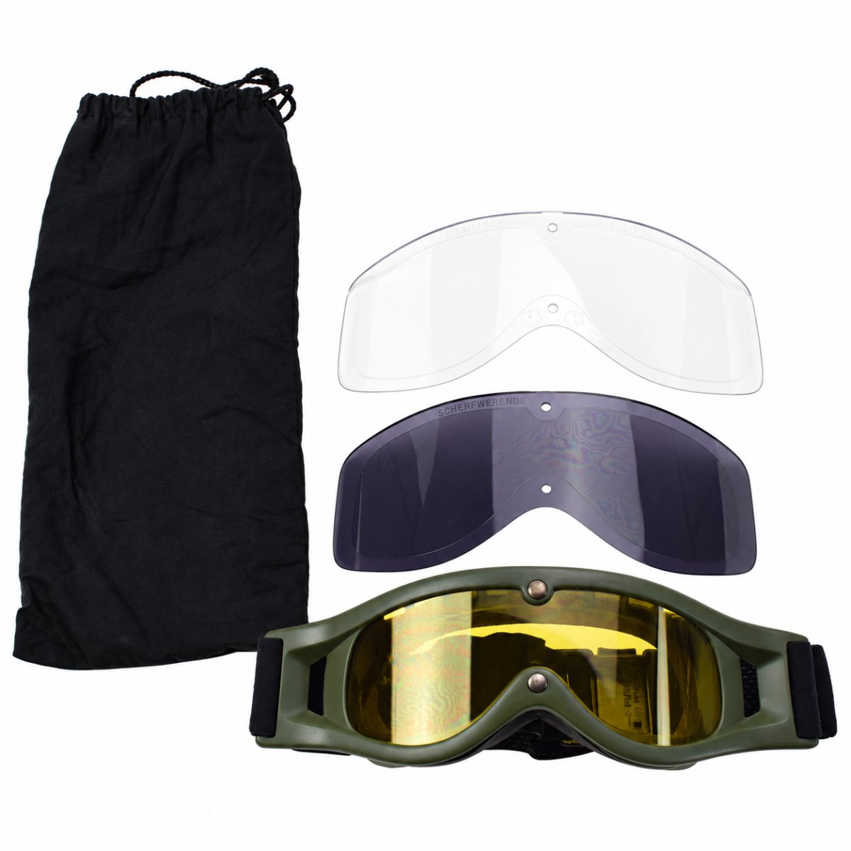 Original Dutch Army Tactical Goggles 3 Lenses Adjustable Strap Pouch Olive