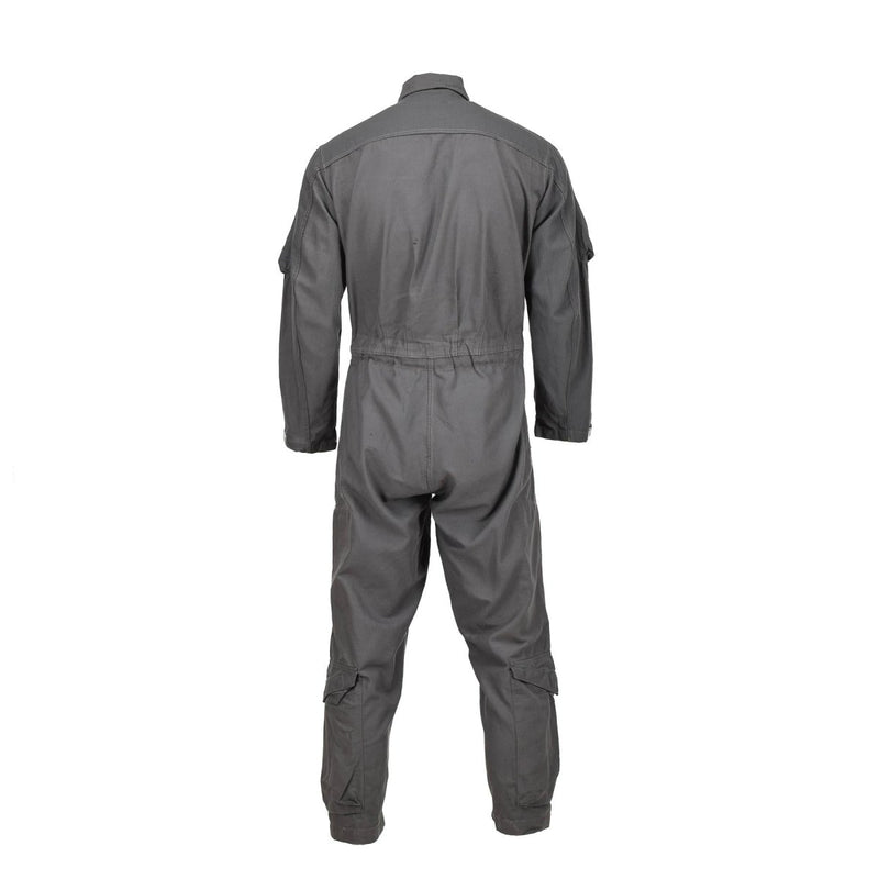 Back view of gray original Dutch Military Air Forces fire-resistant Nomex pilot coverall jumpsuit with multiple pockets