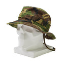 Dutch military DPM boonie hat with wide brim, detachable neck flap, and camouflage pattern on white mannequin head.
