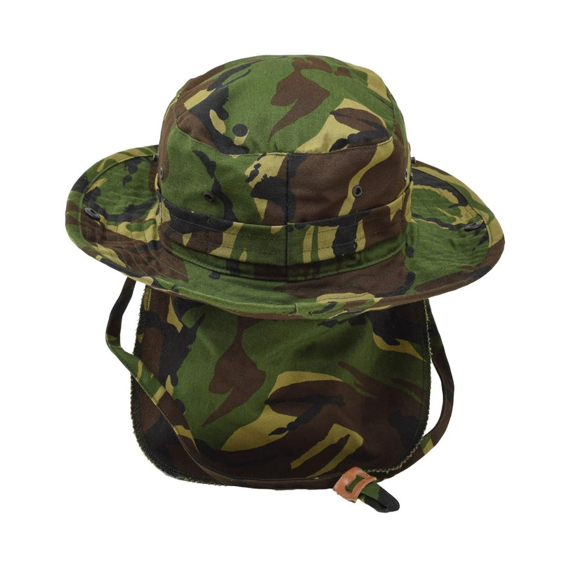 Dutch military DPM boonie hat with wide brim and detachable neck flap in woodland camouflage pattern