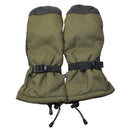 Olive green waterproof Dutch military special forces winter mittens with leather palms and adjustable straps.