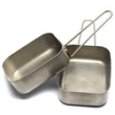 Original Dutch military stainless steel mess kit with two nesting compartments and foldable handles for outdoor cooking.