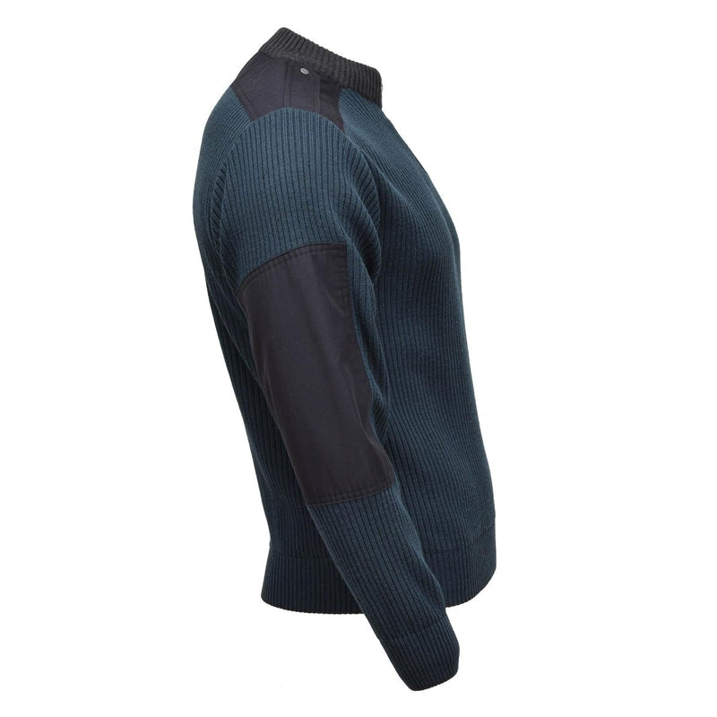Side view of blue Dutch military wool-blend rib-knit jumper with quarter zip and reinforced elbow patches