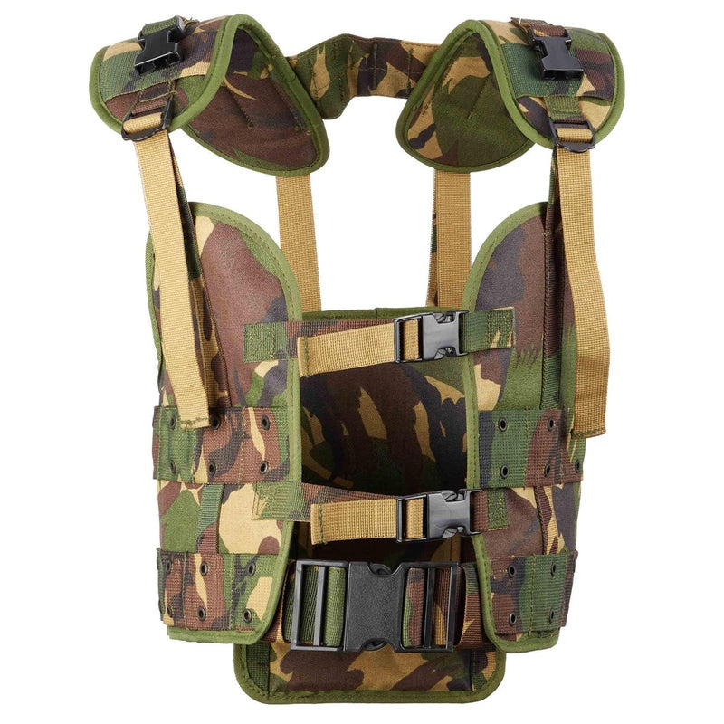 Original Dutch military tactical vest in woodland camouflage with adjustable straps and Alice clip pouches.