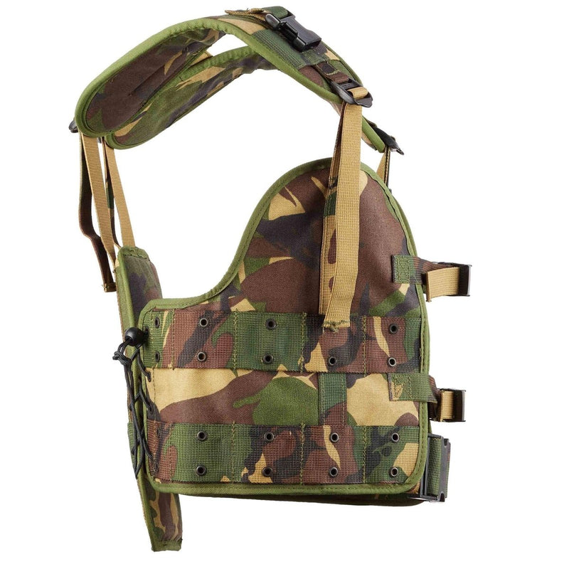 Dutch military tactical vest in woodland camouflage with adjustable straps and durable load-bearing webbing harness design.