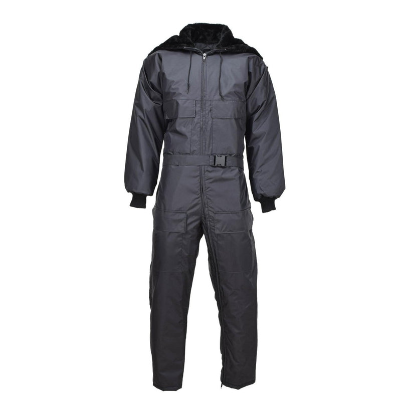 Black hooded Dutch military cold weather quilted liner coverall jumpsuit with adjustable cuffs and multiple pockets