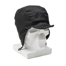 Black Dutch paratrooper winter hat with ear flaps, brim, and windproof design on white mannequin head