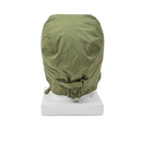 Olive green original Dutch paratrooper winter cap with adjustable ear flaps and windproof brim, shown from the back.