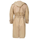 Back view of Original French military khaki waterproof raincoat with belt and removable hood