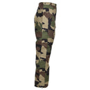 Side view of original French military waterproof rain pants in CCE camo with adjustable braces and durable trilaminate material