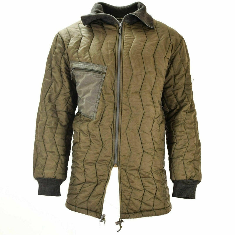 Quilted military liner jacket in olive green with zip front and chest pocket, designed for warmth and durability.