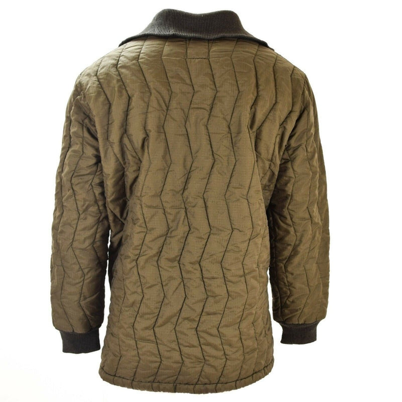 Back view of quilted original German army field jacket parka liner with knit collar and cuffs in olive green