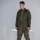 Man wearing an original German army field jacket parka quilt liner in olive green military style
