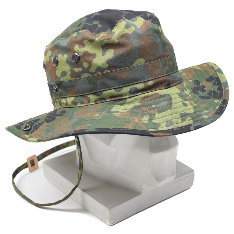 Original German Army Flecktarn camouflage boonie hat with wide brim and chin strap for outdoor and tactical use