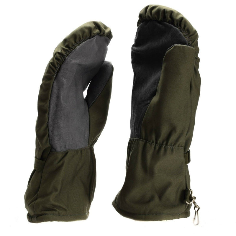 Original German army olive grey camo mittens with durable fabric, insulated lining, and adjustable straps for cold weather protection.