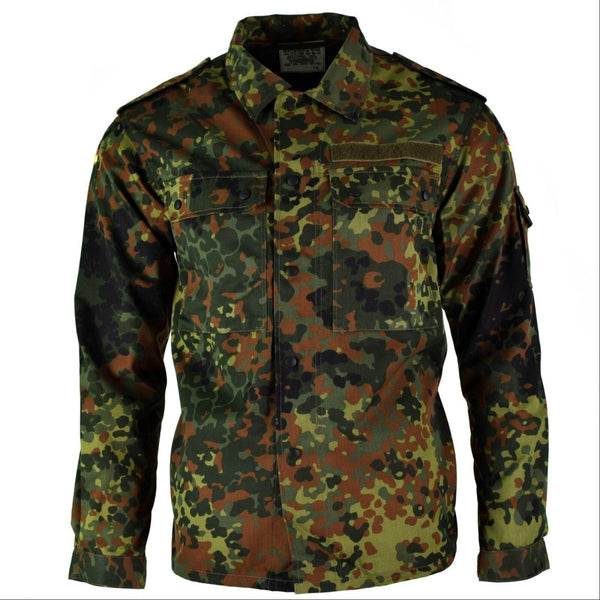 Original German Army flecktarn camo tactical combat shirt with zip, chest and arm pockets, epaulets, and adjustable cuffs