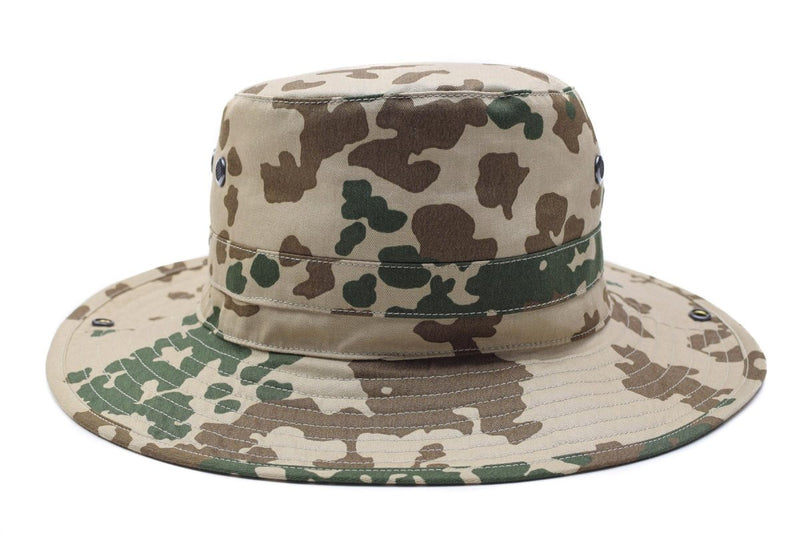 Original German Army tropical camo boonie hat with wide brim and ventilation holes for outdoor sun protection and comfort