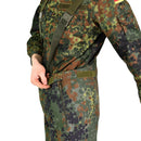 Close-up of Original German Army GoreTex Flecktarn bib and brace rain trousers with adjustable straps and zipper pocket detail