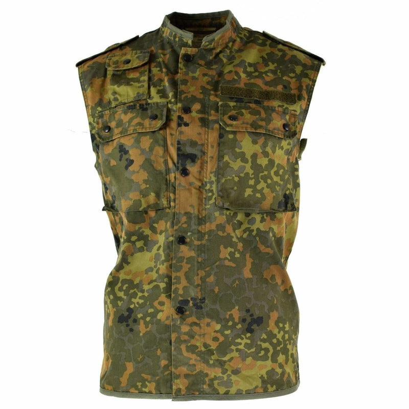 Original German Army tactical vest in Flecktarn camo with full zipper and multiple pockets for outdoor and combat use