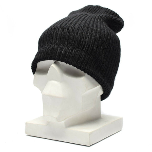 Vintage black German army winter knitted beanie with windproof lining displayed on a white mannequin head.