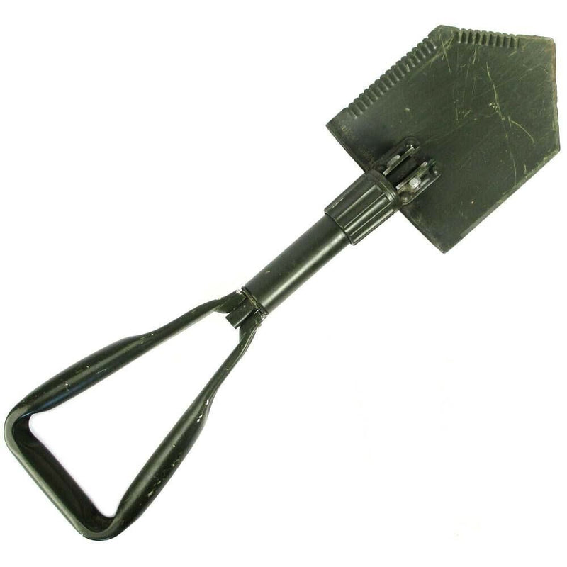 Original German BW Army folding shovel in green, compact and durable for survival and outdoor use.