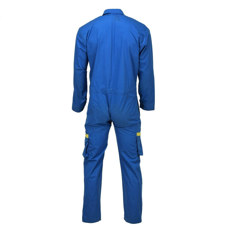 Back view of original German military blue acid-resistant coverall with cargo pockets and long sleeves